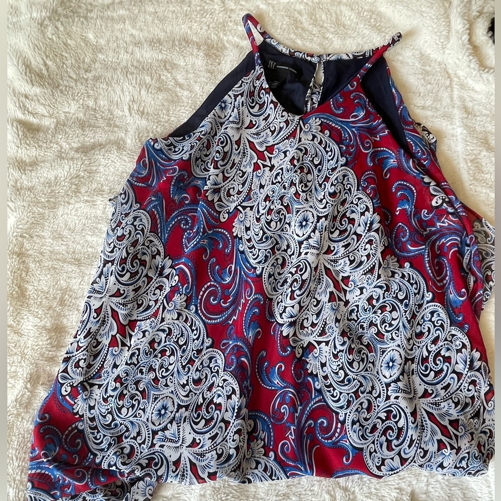 Asymmetrical Blue and Red Sleeveless Blouse